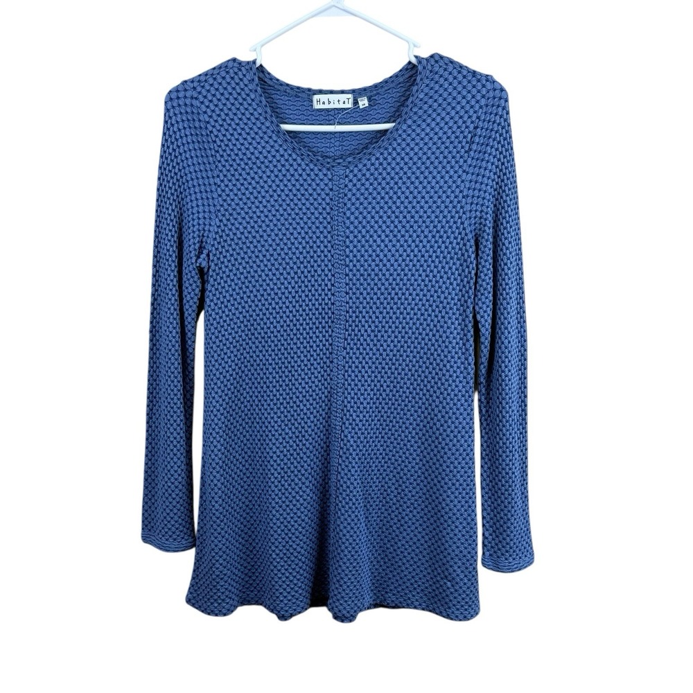 Habitat Women's Blue Textured Knit Top Stretch Round Neck Lagenlook Size XS